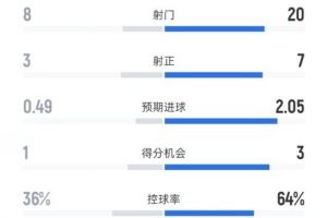 纽卡1-2阿森纳全场数据：射门8-20，射正3-7，控球率36%-64%